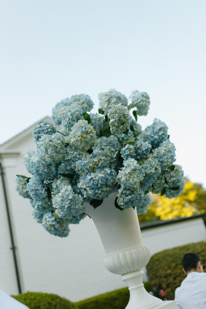 Wedding day florals. Blue hydrangeas