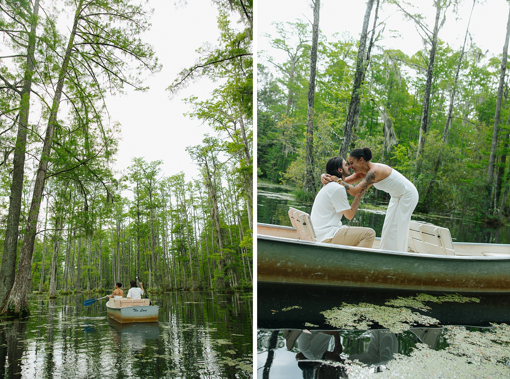 A happy woman in white lans down to kiss her fiancee sitting on. a small metal boat next to them paddling through a cypress swamp
