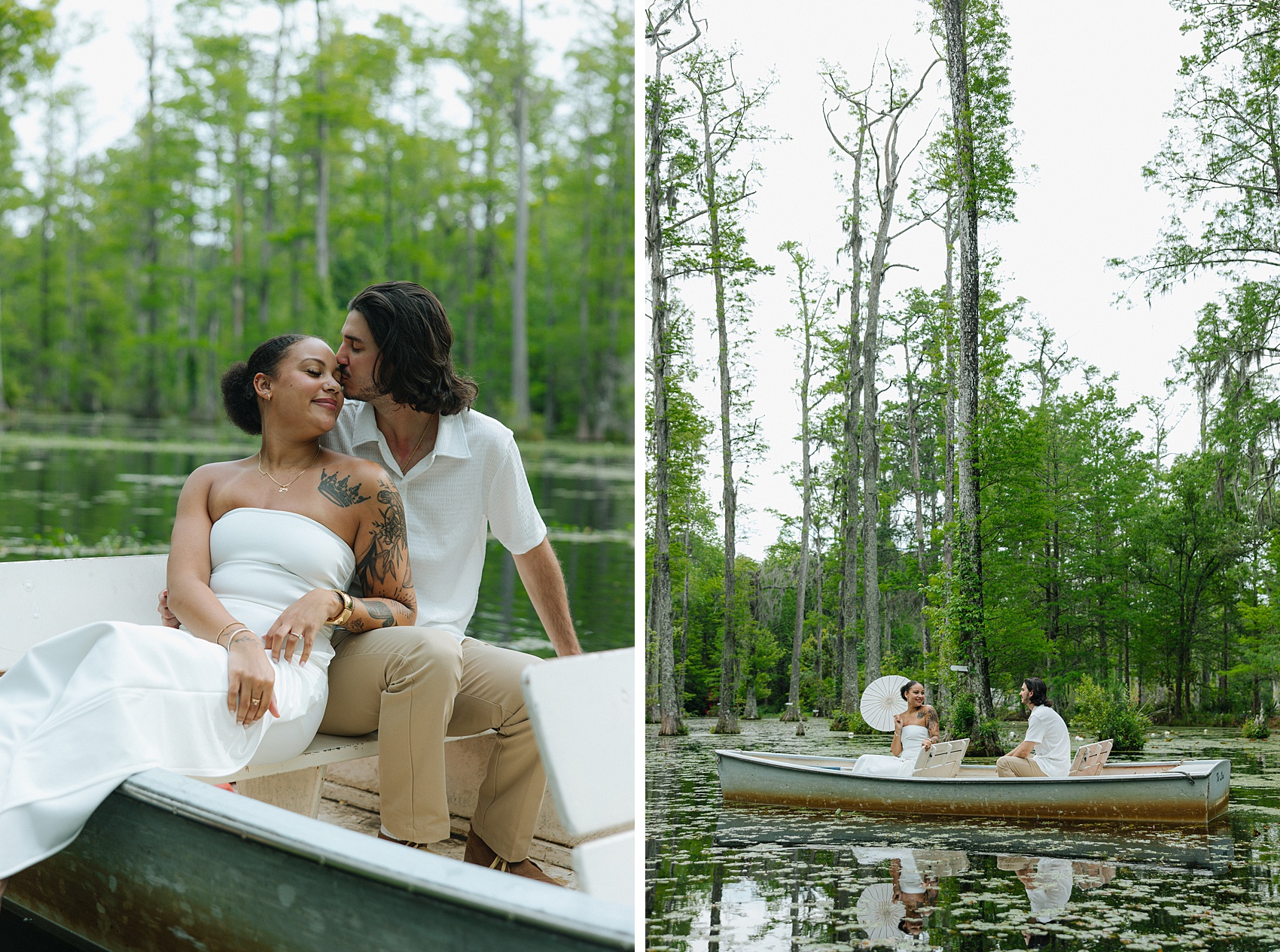 A happy woman in white leans into her fiancee in a small boat as he kisses her forehead next to them floating during their cypress gardens engagement photos