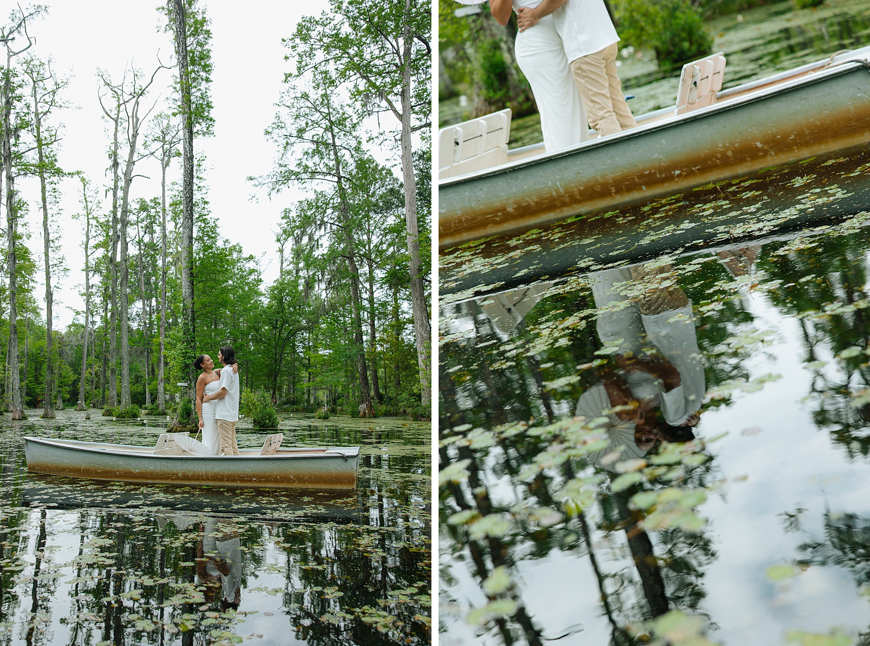 A look through a reflection on the water of a happy couple snuggling on a metal boat next to them embracing