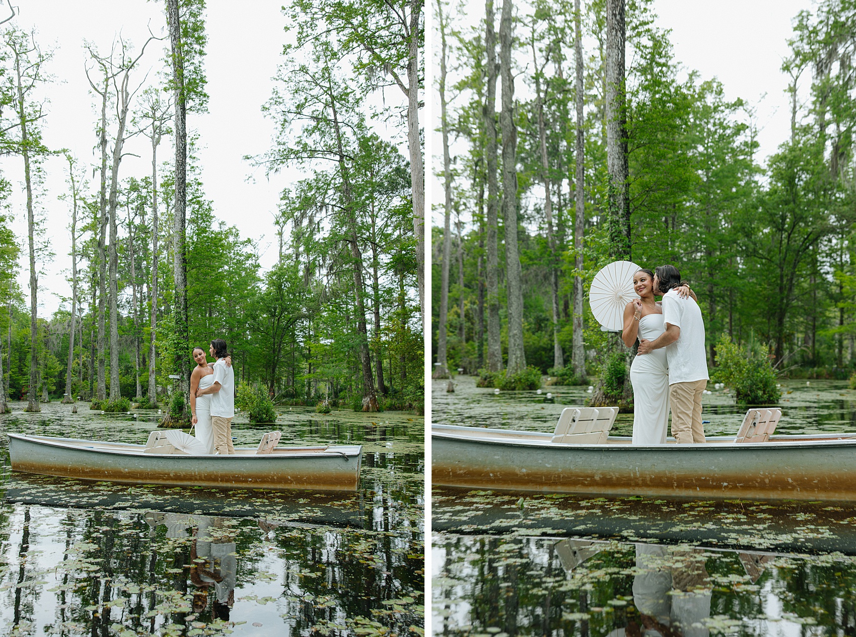 A happy newly engaged couple snuggle and stand in a small metal boat in a swamp in white outfits during their cypress gardens engagement photos