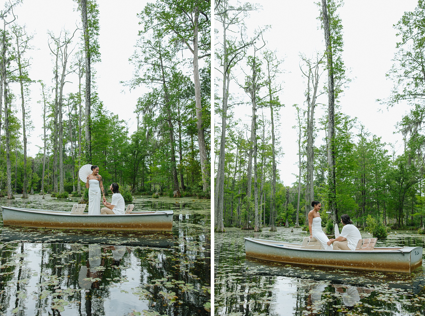 A woman in white stands in a small boat as her fiancee holds her hand and sits in two images during their cypress gardens engagement photos