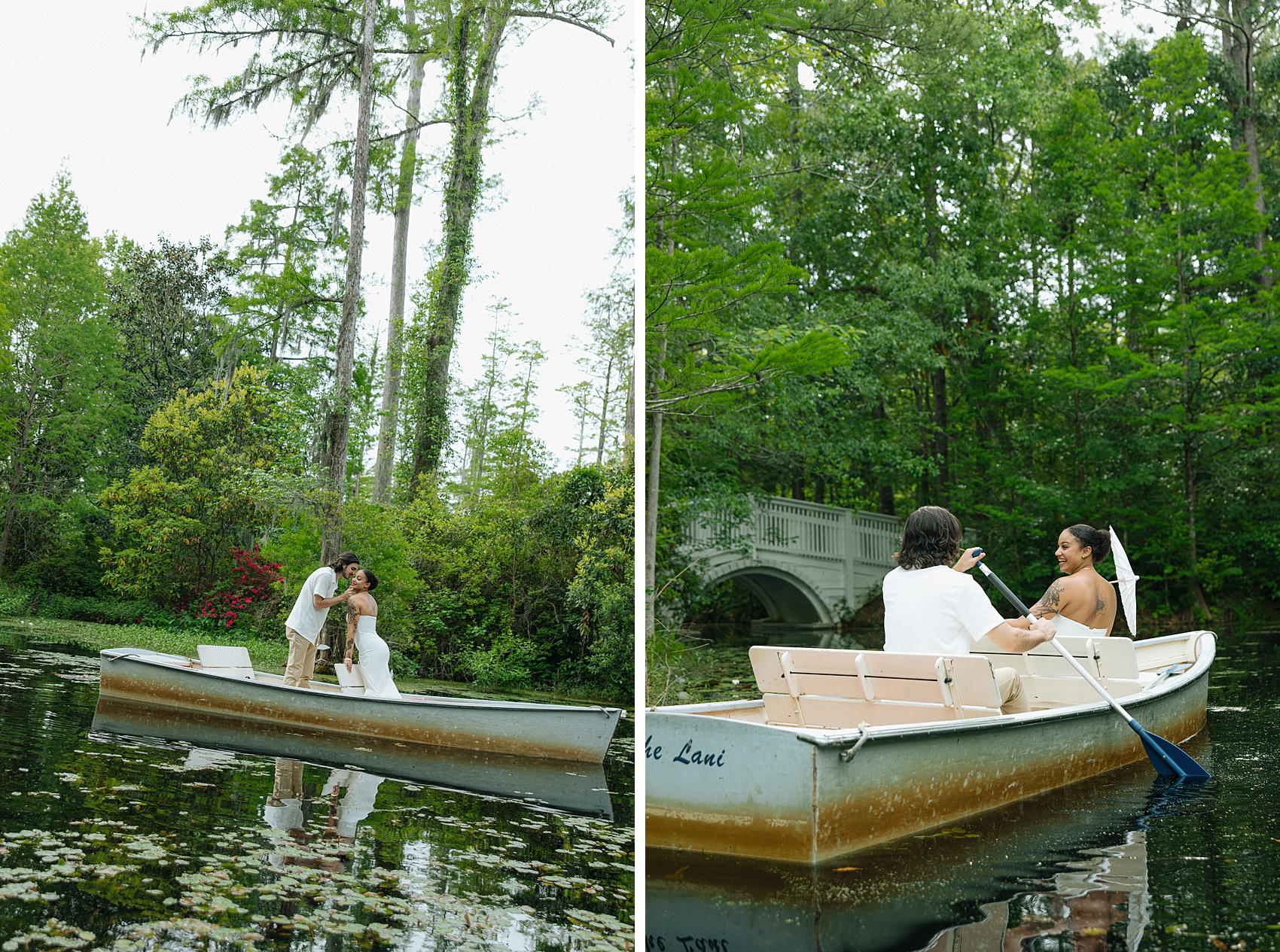 A happy couple laughs and snuggles while paddling a small metal boat through a swamp in white outfits