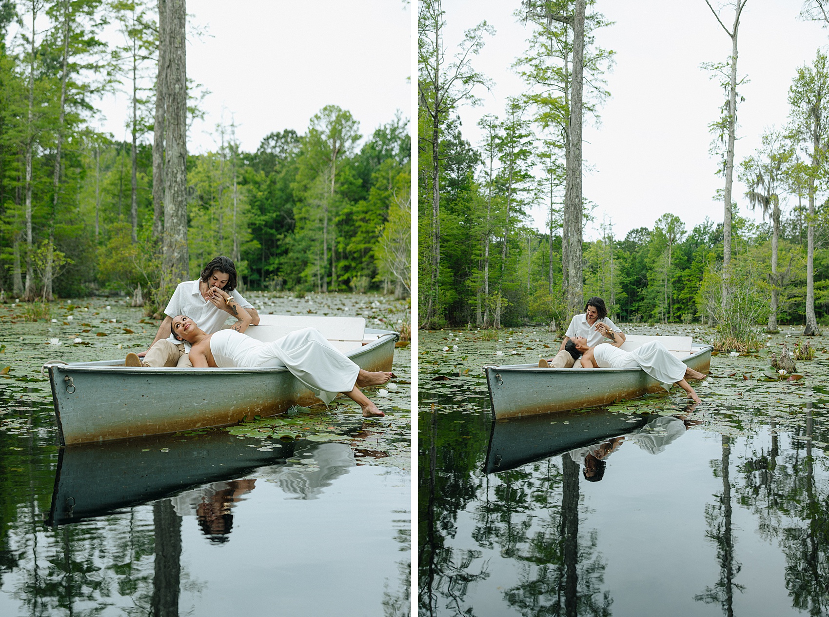 A happy woman has her hand kissed by her fiancee as she lays across a small boat and in his lap with feet just above the water