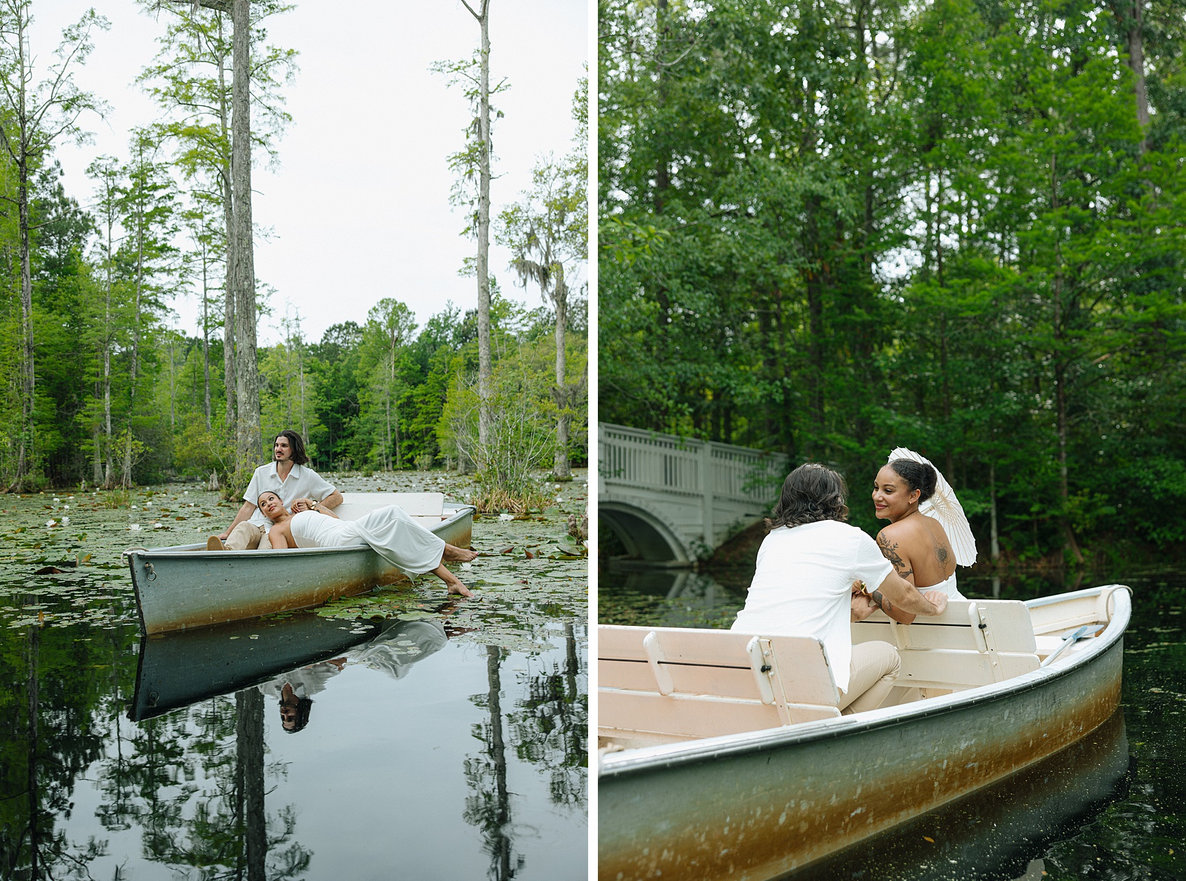 A woman in white lounges across a small boat next to her smiling back to her fiancee while holding a parasol for some cypress gardens engagement photos