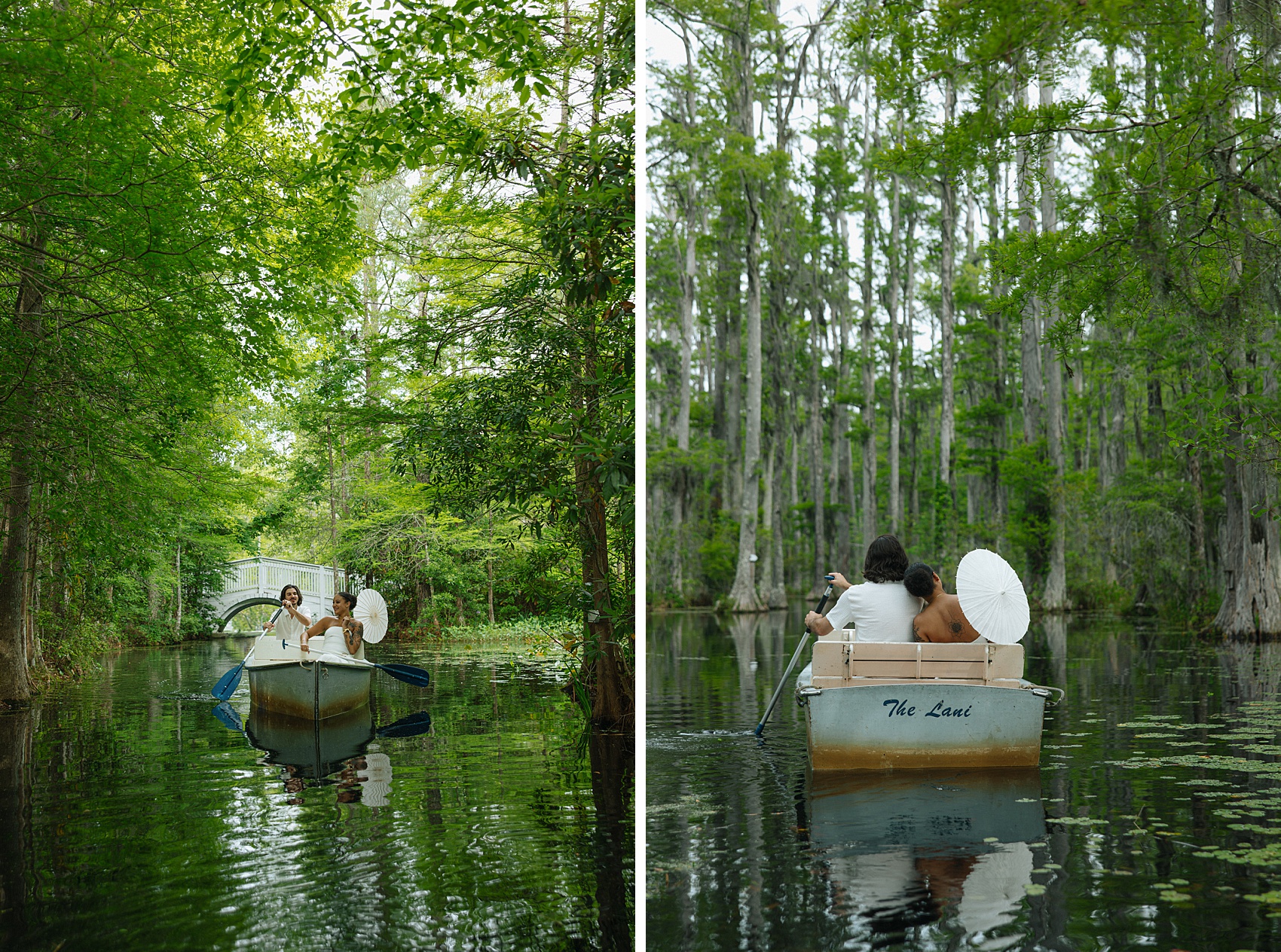 A joyful couple paddle through a swamp in white in a small metal boat covered in cypress trees lily pads with a parasol in two images