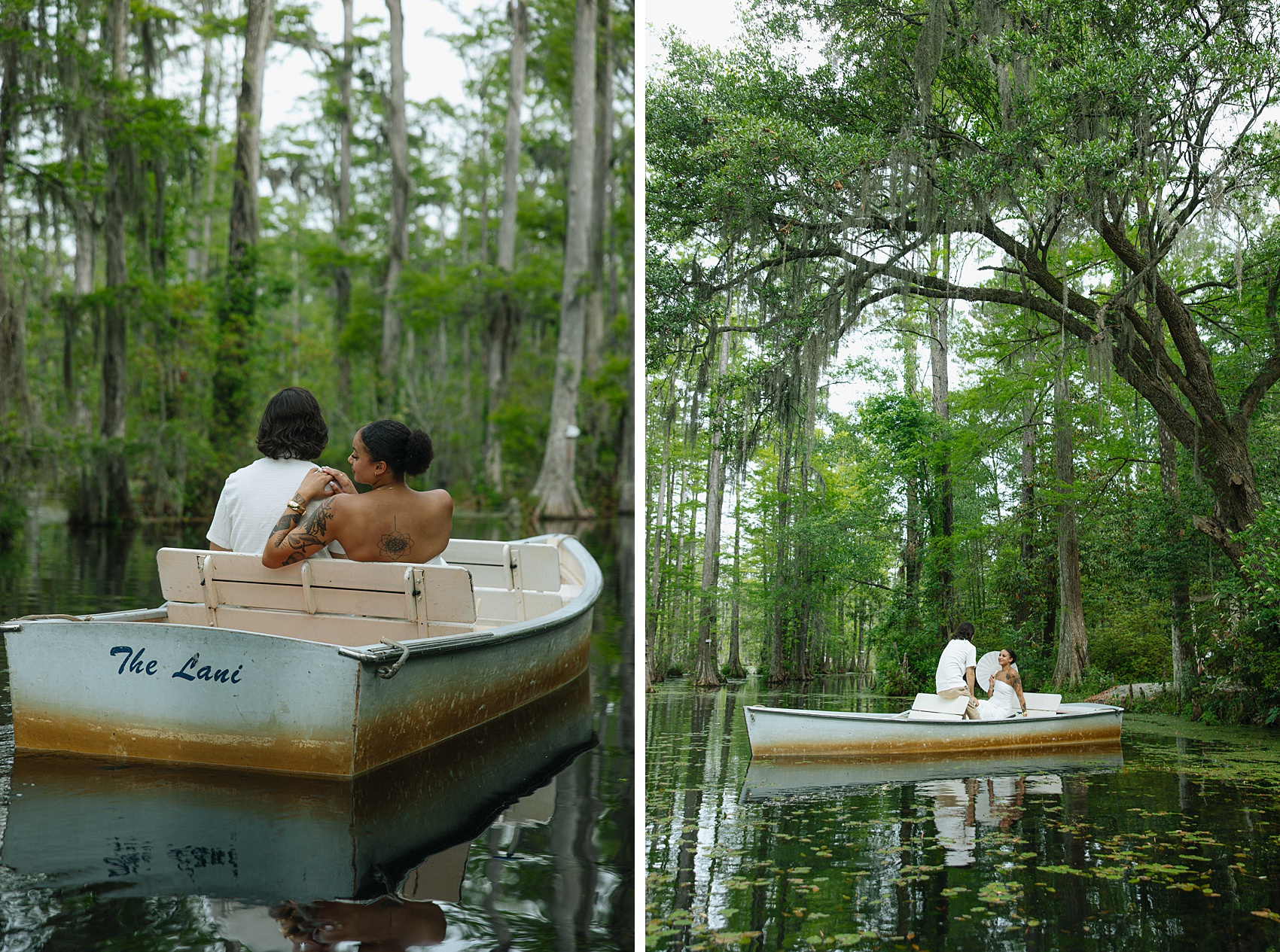 A bride gazes over her shoulder while floating in a small metal boat with her fiancee next to them facing each other in a wide shot from their cypress gardens engagement photos