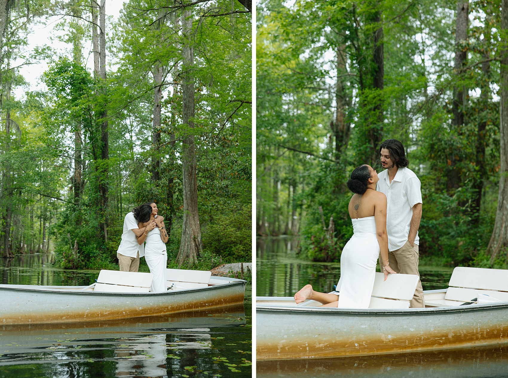 Two images of a happy couple enjoying solitude in a boat while hugging and leaning in for a happy kiss in white outfits