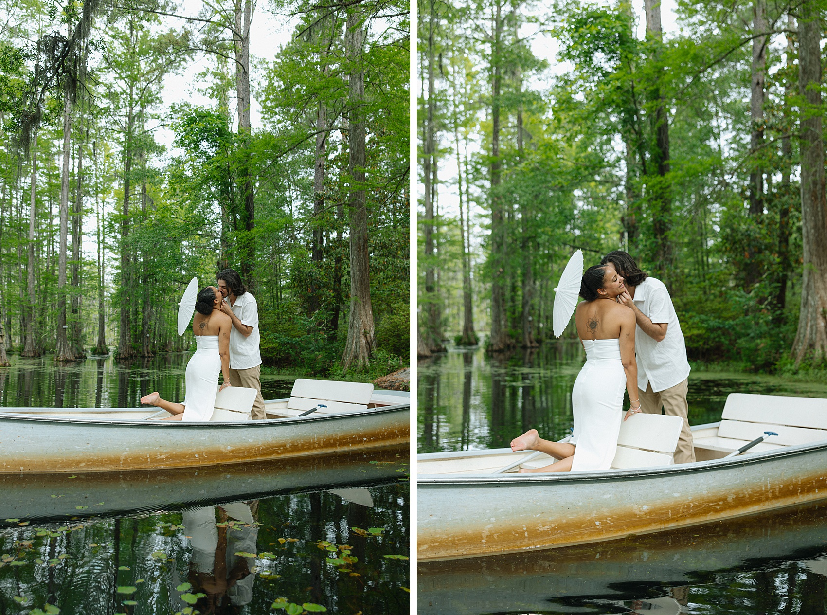 A smiling engaged couple in a small metal boat kiss while standing and kneeling during their cypress gardens engagement photos